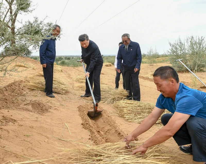 2019年8月21日，習(xí)近平來(lái)到甘肅省武威市古浪縣八步沙林場(chǎng)，實(shí)地察看當(dāng)?shù)刂紊吃炝帧⑸鷳B(tài)保護(hù)等情況。新華社記者 謝環(huán)馳 攝