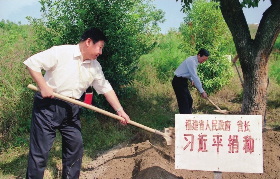 2001年10月，習(xí)近平在龍巖市長(zhǎng)汀縣調(diào)研水土流失治理工作，在河田世紀(jì)生態(tài)園為樹培土。圖源：《習(xí)近平在福建（下）》