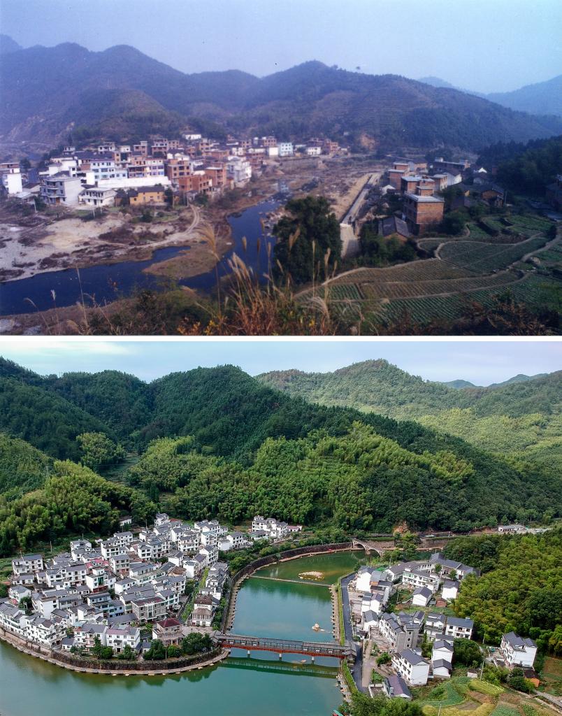 圖為浙江省杭州市淳安縣楓樹嶺鎮(zhèn)下姜村拼版圖，其中上圖為資料照片、下圖由新華社記者張鋮攝。